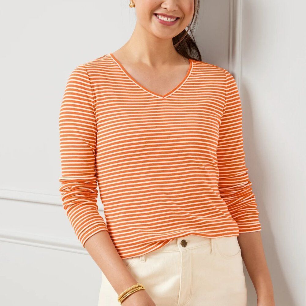 Talbots Orange Stripe Cotton Tee Size XL Long Sleeve NWOT